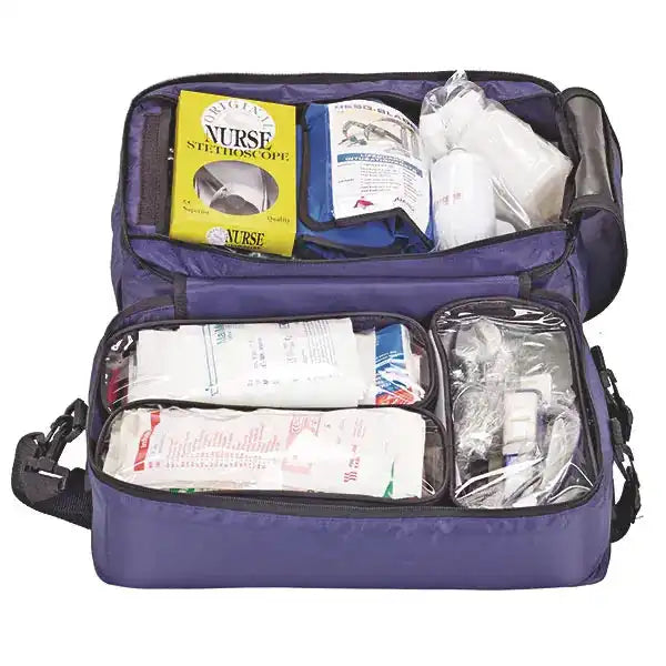 Geöffnete Notfalltasche LifeBOX Rettungstasche mit umfangreicher Erste-Hilfe-Ausstattung, übersichtlich in Fächern organisiert.
