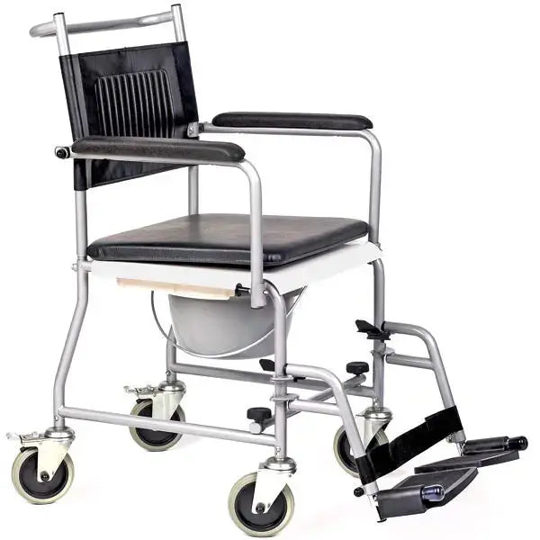 Toilettenstuhl Basic Servocare mit stabilem Metallrahmen, gepolsterter Sitzfläche und Eimer. Mit Armlehnen, Fußstützen und Rollen für Mobilität.