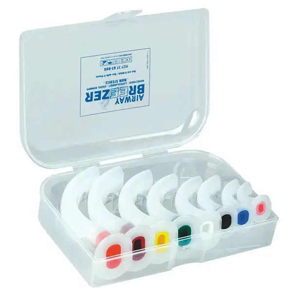 Guedeltuben Set Box - Airway Breezer Guedeltuben Set mit 8 farbcodierten, unsterilen Atemwegstubus in transparenter Aufbewahrungsbox für Notfallversorgung.