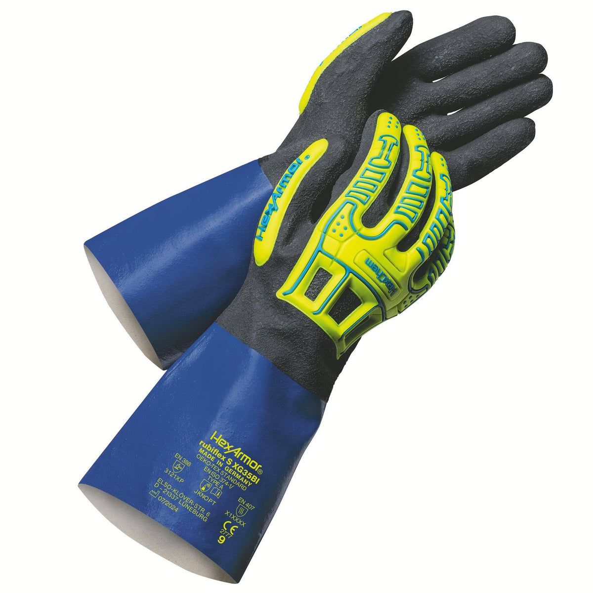 HexArmor rubiflex S XG35BI Chemikalienschutzhandschuhe mit langer Stulpe, stoßfestem Handrücken und rutschfestem Griff für Industrieeinsätze.