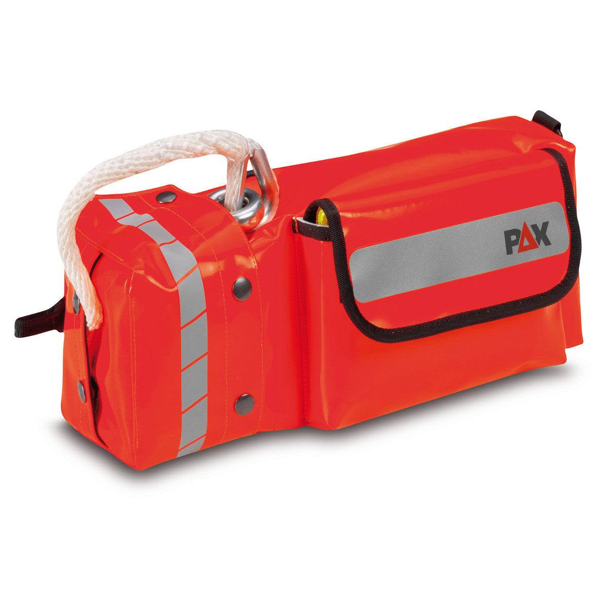 Leinenbeutel tagesleuchtorange PAX geschlossen mit reflektierendem Streifen und PAX-Logo, ideal für Feuerwehr-Schutzmasken-Zubehör.
