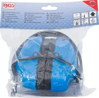 Verpackter Kapsel-Gehörschutz in Blau mit CE-Zertifizierung. Perfekt für den professionellen Einsatz in lauten Arbeitsumgebungen.
