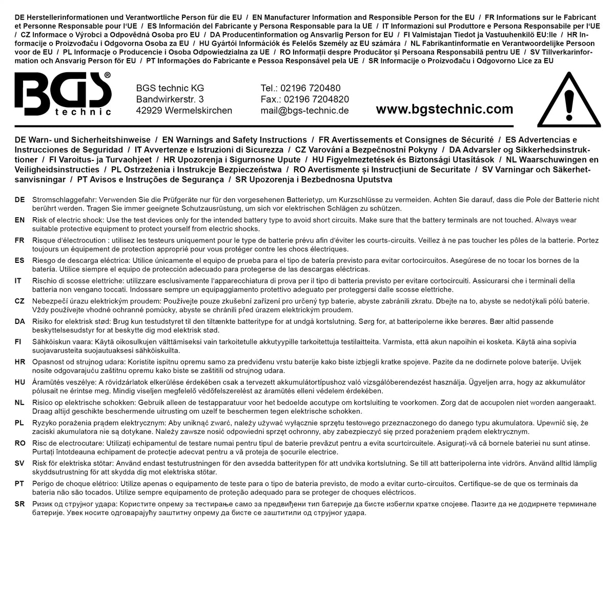 Rückseite der Verpackung des digitalen Batterie-Ladegeräts 6/12 V mit Sicherheitshinweisen und Herstellerinformationen in mehreren Sprachen.