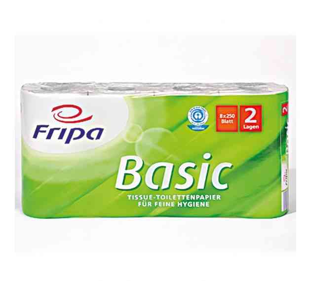 Fripa Basic Toilettenpapier 2-lagig weiß im 8er-Pack, hergestellt aus 100 % Recyclingmaterial für umweltschonende Hygiene im Haushalt.