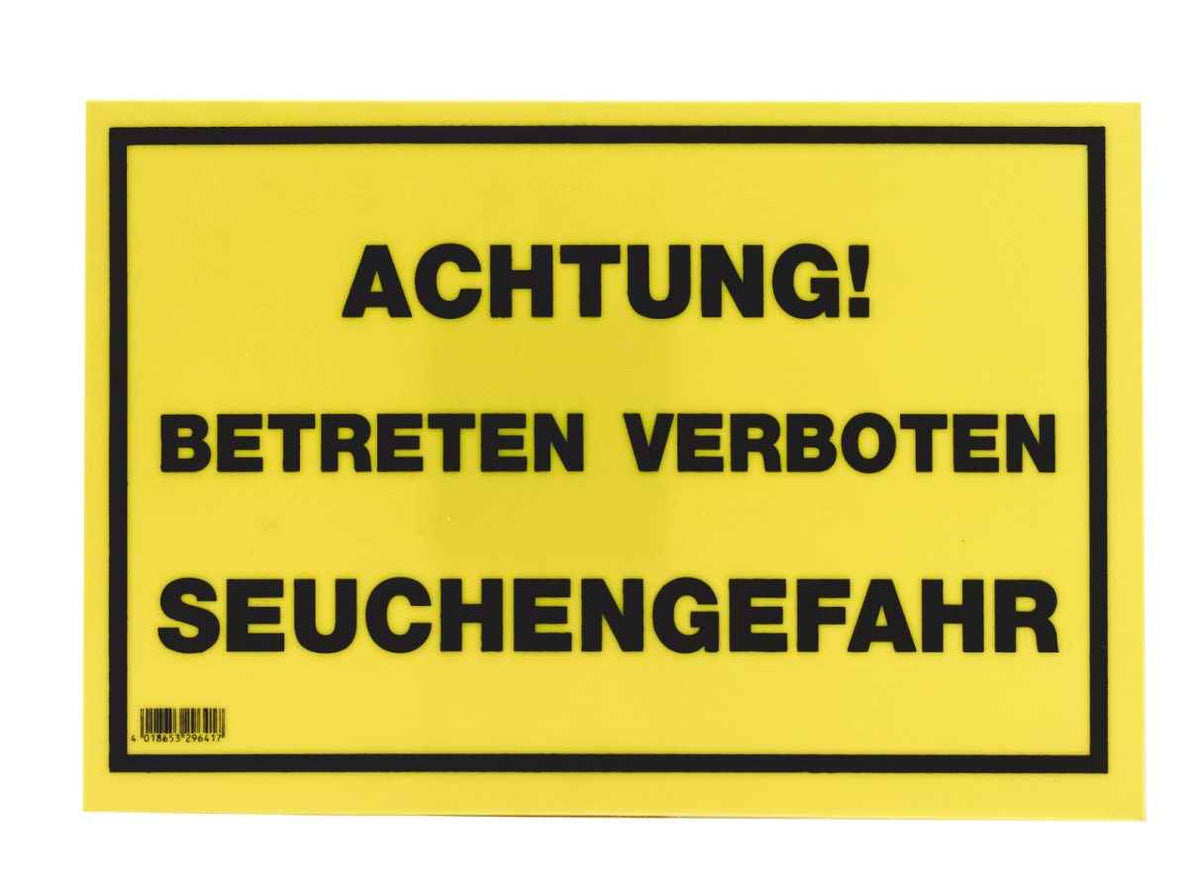 Warnschild mit gelbem Hintergrund, schwarze Warnhinweise, Betreten verboten, Seuchengefahr, Kunststoff, 30x20cm