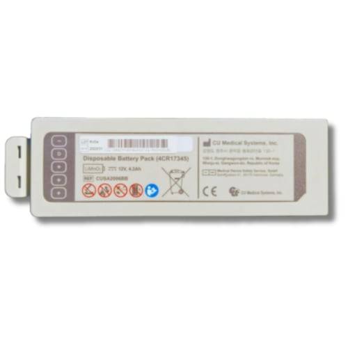 CU Medical i-PAD SPR Batterie für AED-Geräte, rechteckiger Einweg-Batteriepack mit Etikett und technischen Angaben, passend für Defibrillatoren.