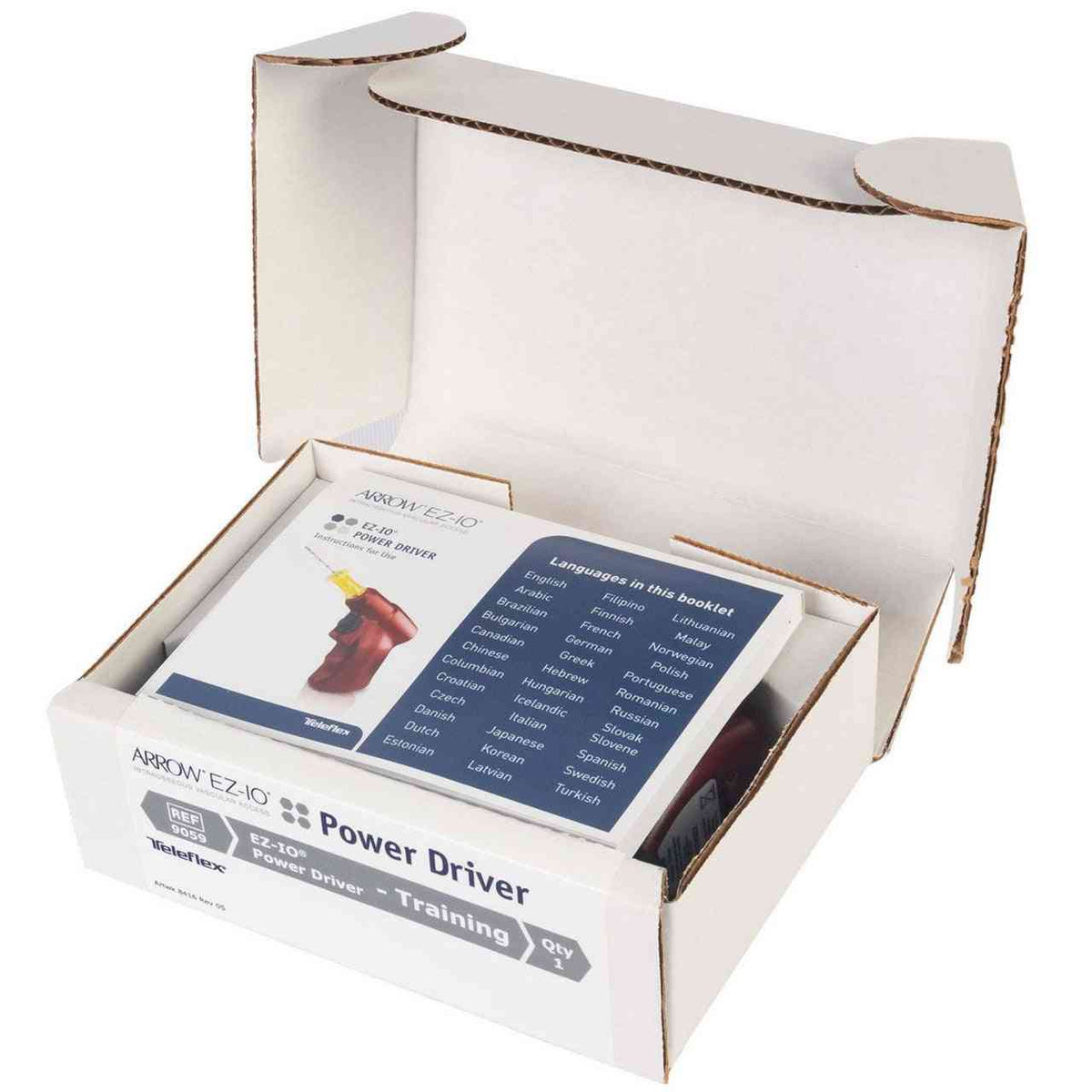 Geöffnete Box des EZ-IO® Arrow G3 Bohrers mit Anleitung – Trainings-Set für intraossären Zugang, ideal für Schulung und medizinische Ausrüstung.
