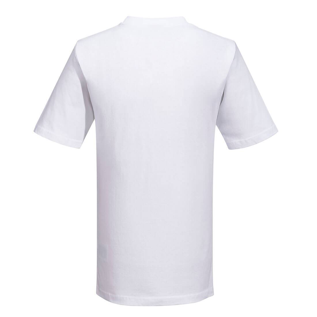 Rückseite des weißen T-Shirt Turin Premium B195 Portwest aus 100 % Baumwolle (195 g/m²), ideal für individuelle Bedruckung im Arbeitsumfeld.