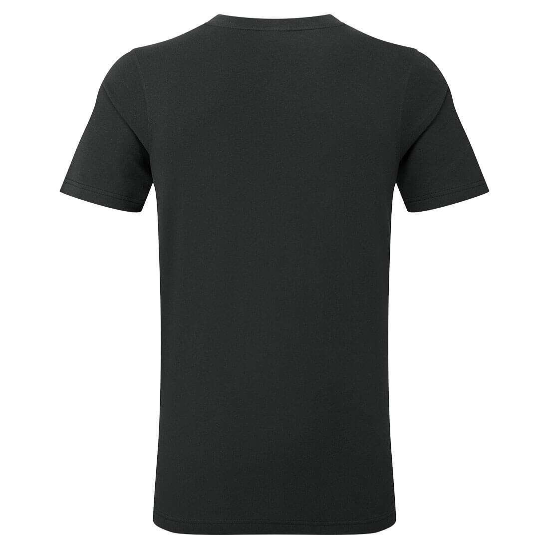 Rückansicht des schwarzen T-Shirts mit V-Ausschnitt – aus 100 % Baumwolle, perfekt für kreative Sammler & sportliche Outfits.