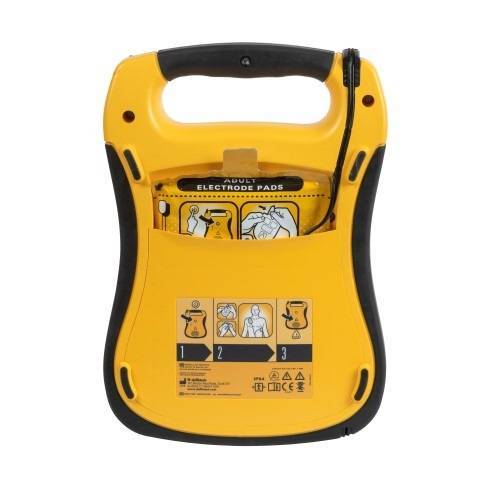 Rückseite des Defibtech Lifeline SG AED mit integrierten Elektroden und bebilderter Anleitung zur Anwendung bei Erwachsenen.