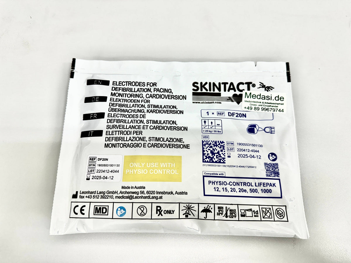 Defi-Elektrode Skintact für PhysioControl DF20N in Originalverpackung, kompatibel mit PHYSIO-CONTROL LIFEPAK Geräten, unkonnektiert und steril.