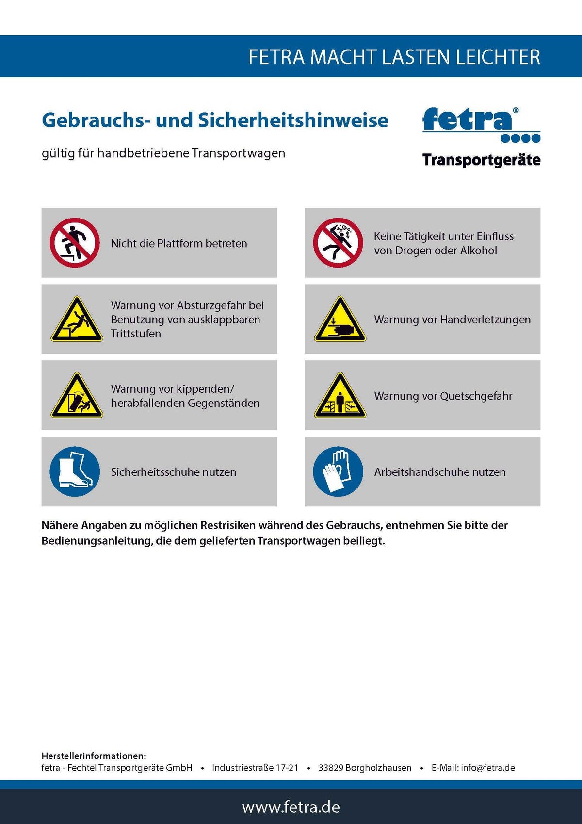 Sicherheits- und Gebrauchshinweise für Magazinwagen 300 kg Tragkraft von fetra, geeignet für industrielle Materialhandhabung.
