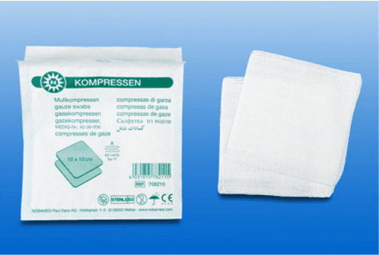 Sterile Mull-Kompressen Noba 8-fach 17-fädig à 2, aus 17-fädigem Verbandmull, in verschiedenen Größen wie 10x10 cm, ideal für Wundversorgung.