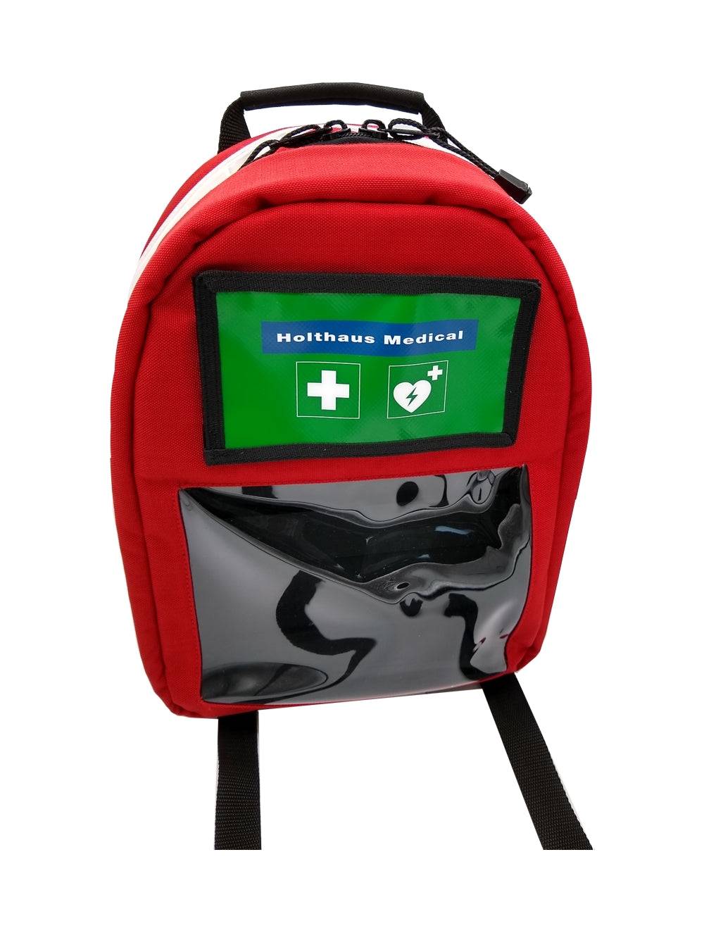 Seitliche Ansicht des Sanitätsrucksacks PARAMEDIC mit robustem Tragegriff und leerem Sichtfenster für individuelle Bestückung.