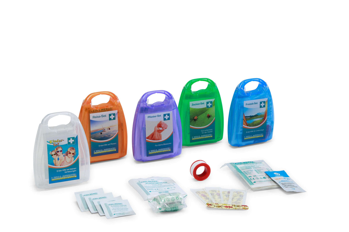 Erste Hilfe-Box Unterwegs - Kompakt & Vorbereitung | Mini Kit in fünf Farben mit Inhalt wie Pflaster, Verbände und Desinfektionstücher.