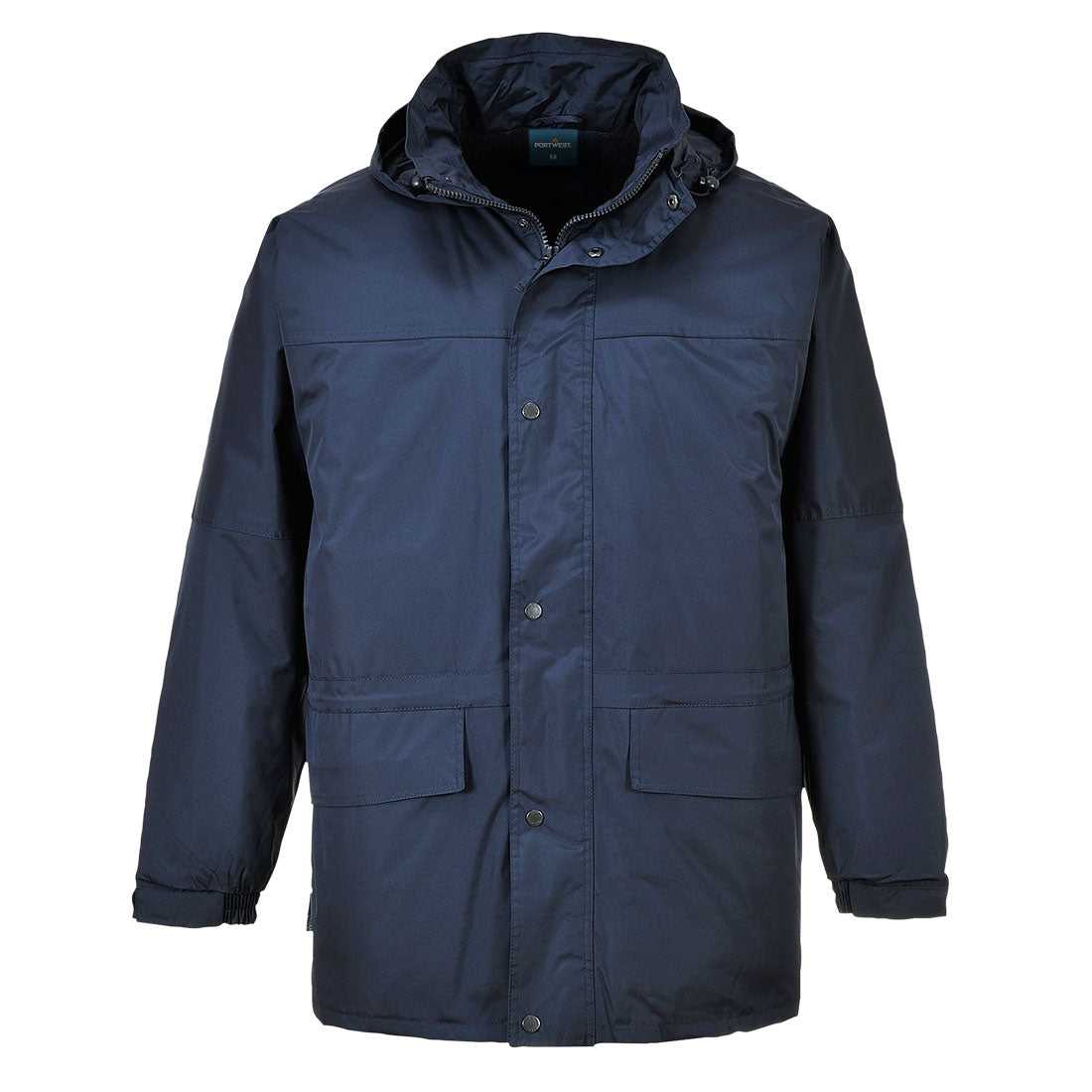 Wasserdichte Winterjacke Oban S523 in Marineblau mit Kapuze und funktionalen Taschen. Robuste Jacke für Arbeit und Freizeit im Winter kaufen.