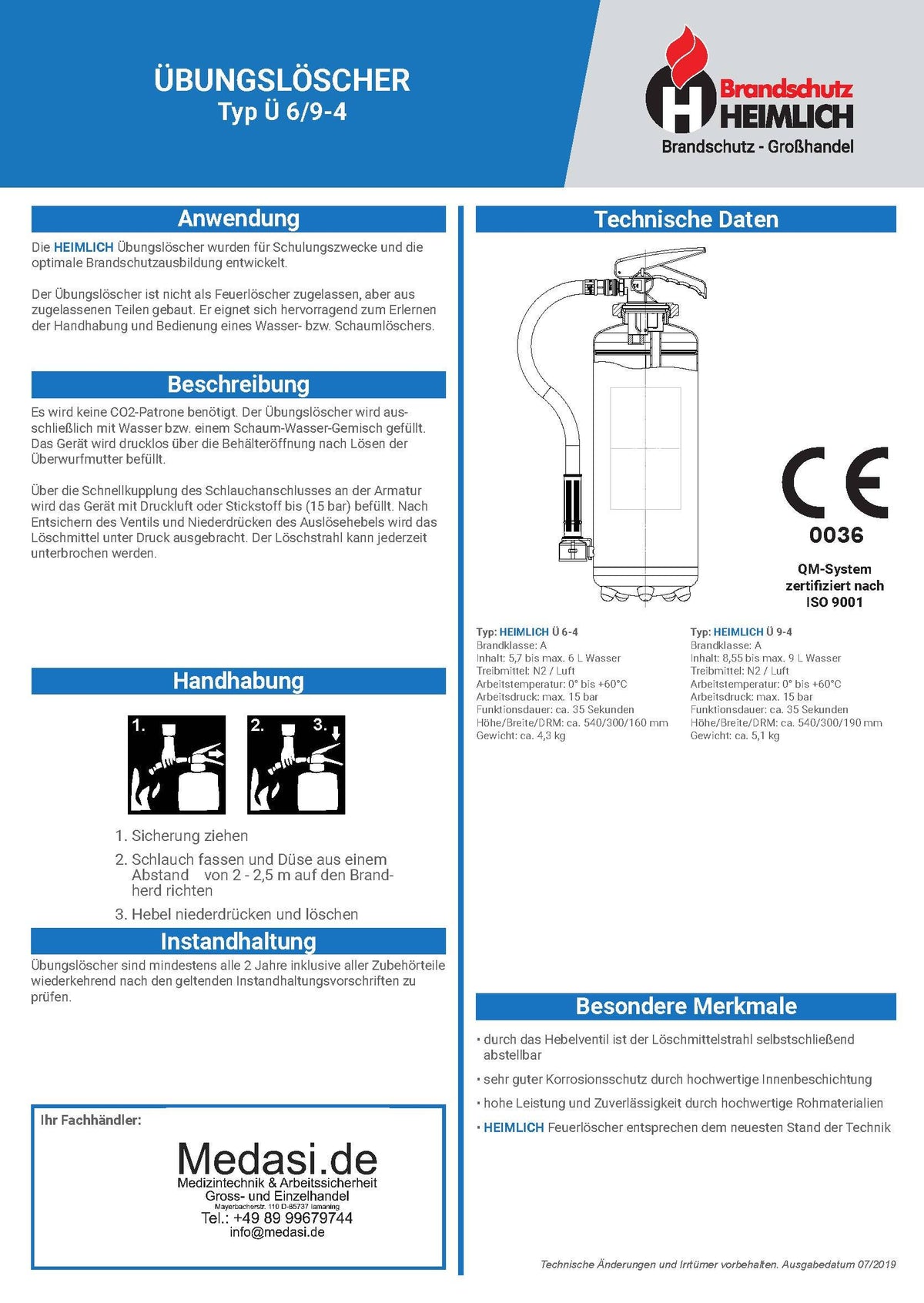 Technisches Datenblatt des Übungslöschers Heimlich 6 L oder 9 L mit Anwendungshinweisen, Handhabung und Besonderheiten für Feuerlöscher Ausbildung.