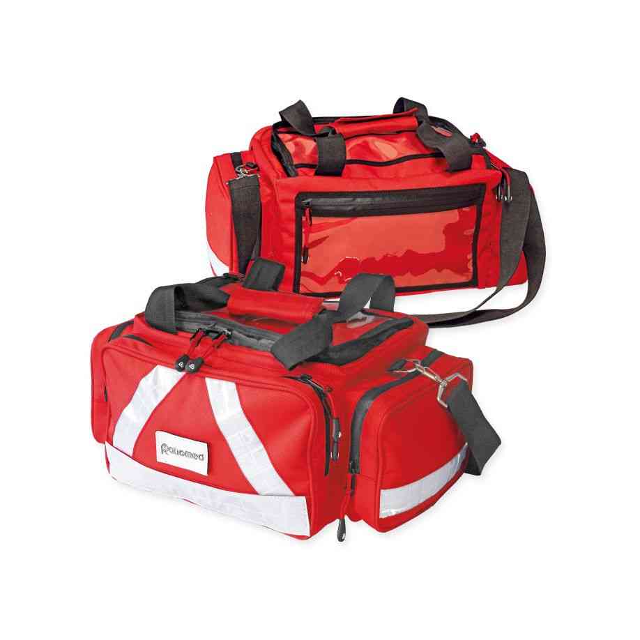 Rote Notfalltasche ''WasserStopp'' ratiomed klein leer mit Reflektoren und robustem Tragegriff, ideal für den schnellen Erste-Hilfe-Einsatz.