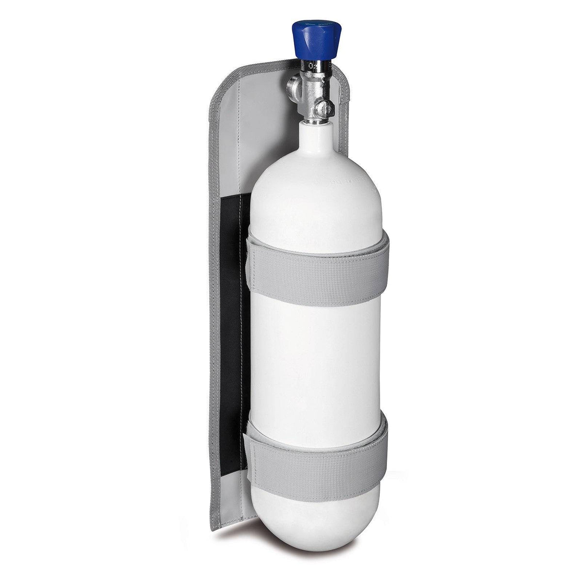 Sauerstoffflaschenhalterung PAX für Rucksäcke mit zwei grauen Klettbändern zur sicheren Fixierung einer 0,8-Liter Flasche. Ideal für Notfallrucksäcke.