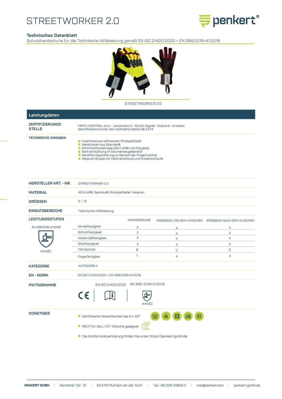 Technisches Datenblatt der STREETWORKER 2.0 Schutzhandschuhe mit Details zu Material, Normen und Einsatzbereichen für Arbeitssicherheit.