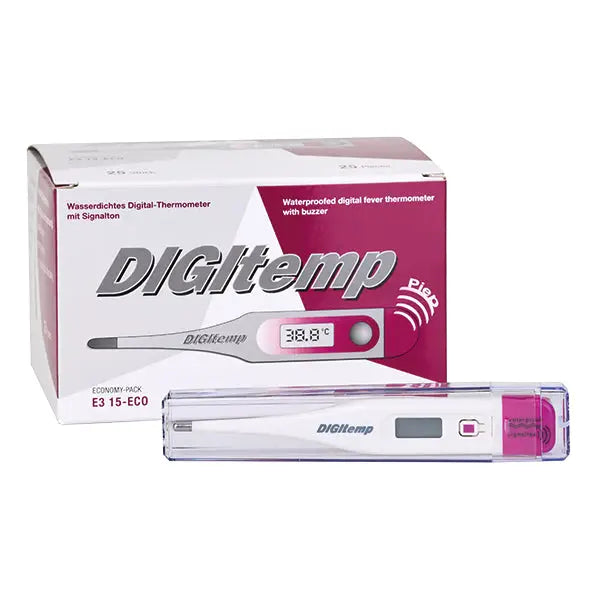 DIGItemp Elektronisches Fieberthermometer in Box und Etui, digitales Thermometer für zuverlässige Fiebermessung in der medizinischen Anwendung.