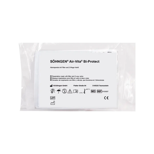 Air-Vita® Bi-Protect Beatmungshilfe von Söhngen in hygienischer Verpackung, ideal für Erste Hilfe Verbandstoffe im Bereich Atemschutz.