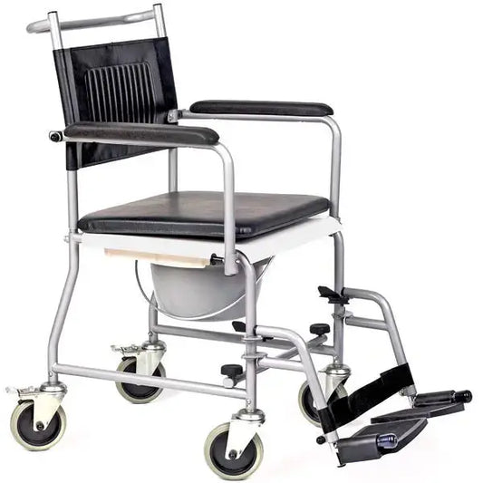Toilettenstuhl Basic Servocare mit stabilem Metallrahmen, gepolsterter Sitzfläche und Eimer. Mit Armlehnen, Fußstützen und Rollen für Mobilität.