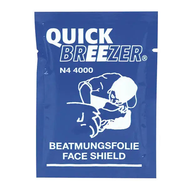 Einzelverpackung der Quick-Breezer ECO Beatmungsfolie für schnelle Sofortbeatmung, kompakt und hygienisch versiegelt.