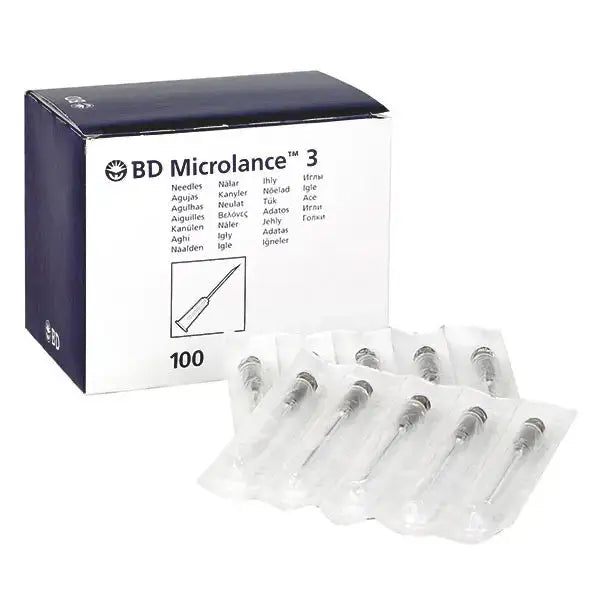 BD Microlance 3 Kanülen Sonderkanülen 27 G x 3/4" Länge 19 mm grau in Verpackung mit 100 Stück für medizinische Injektionen im Klinikbedarf. Steril verpackte Einwegkanülen für präzise Anwendungen im medizinischen Bereich.