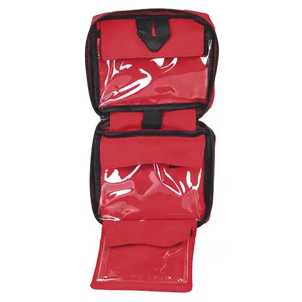 Geöffnete First Aid Kit Tasche - Erste Hilfe Set Maxi mit drei transparenten Innentaschen für übersichtliche Aufbewahrung von Verbandsmaterial.