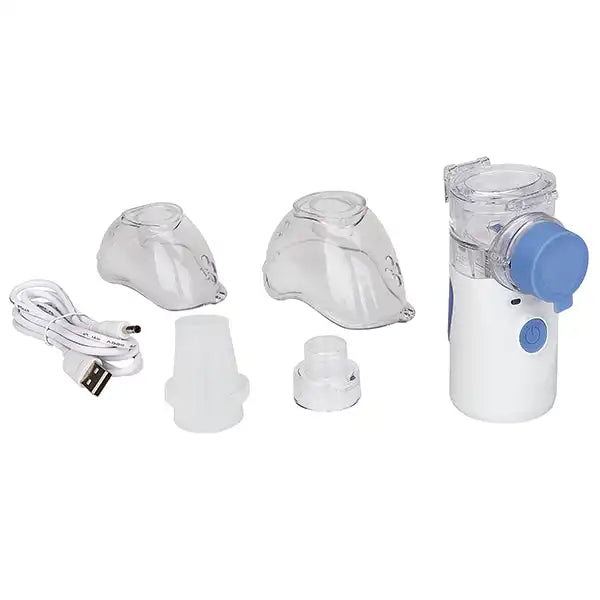 Ultraschall Inhalationsgerät Mini mit Zubehör wie Masken, Mundstück und USB-Kabel – kompakt, tragbar und ideal für unterwegs.