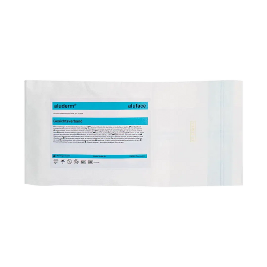 Sterile aluderm® aluface Gesichtsmaske für großflächige Gesichtsverletzungen mit Atmungsöffnungen, hypoallergen und einzeln verpackt.