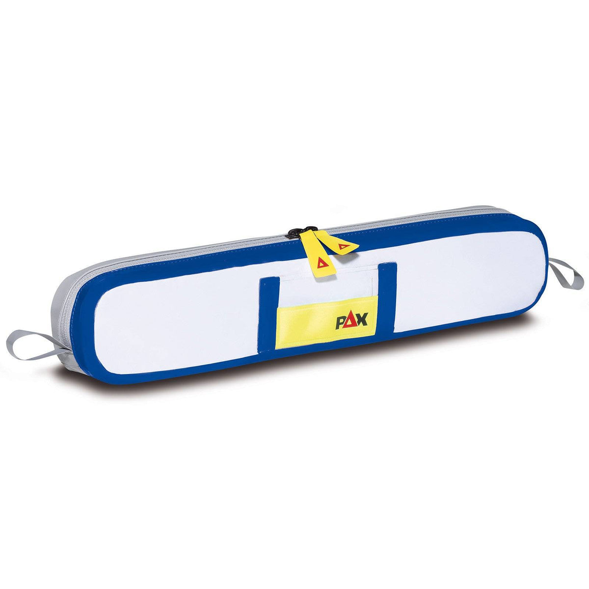 Innentasche KT geschweißt PAX langlebig und hygienisch, rechteckige weiße Erste-Hilfe-Innentasche mit blauen Nähten und gelbem PAX-Logo. Ideal für den Einsatz in Notfalltaschen im Gesundheitsbereich.