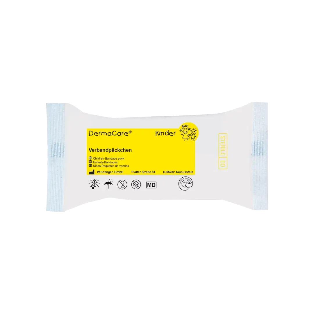 Steriles DermaCare® Kinder Verbandpäckchen, kindgerechtes Erste Hilfe Produkt für schnelle Wundversorgung im Alltag oder unterwegs.