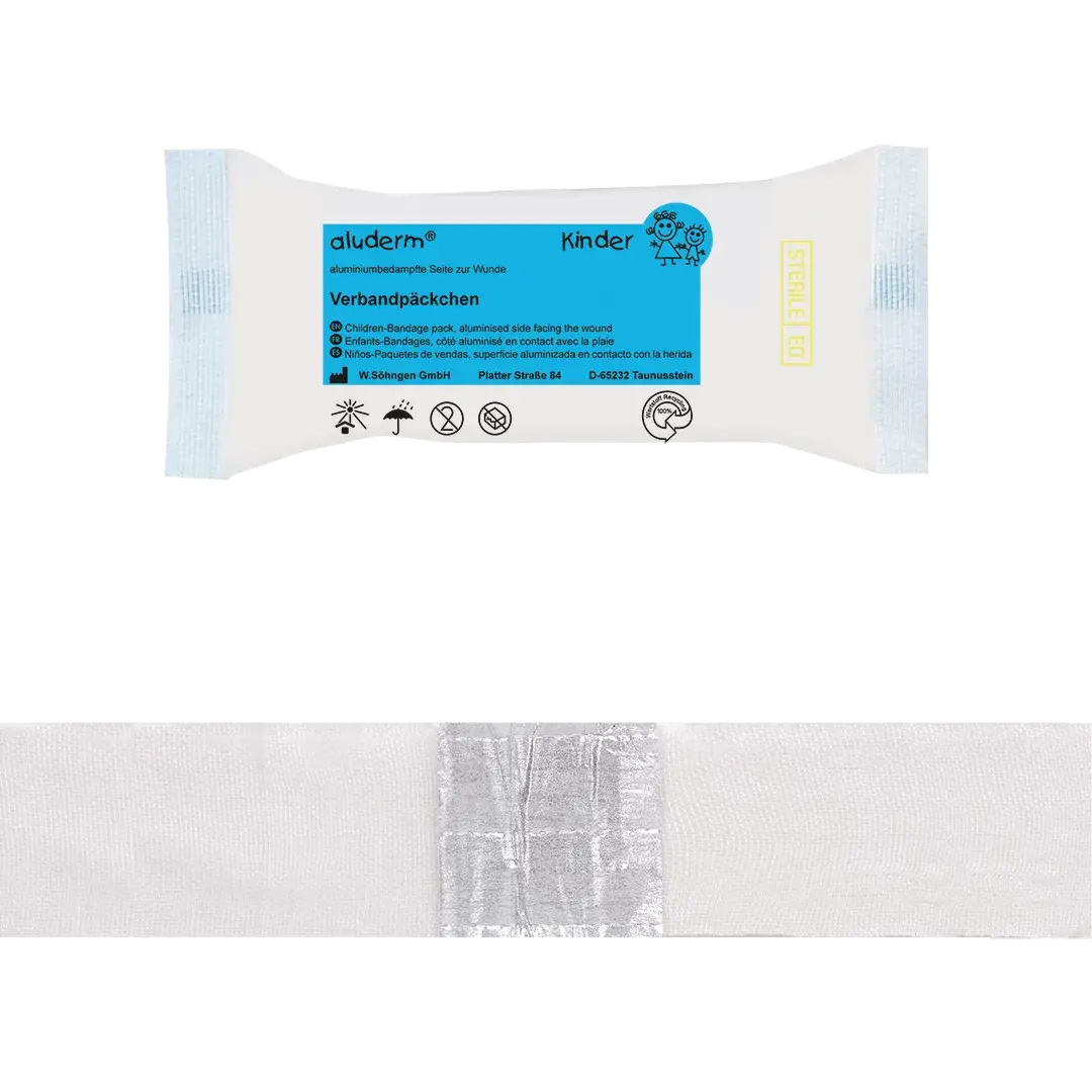 aluderm® Kinder Verbandpäckchen klein mit aluminiumbedampfter Wundauflage, ideal für oberflächliche Verletzungen bei Kindern.