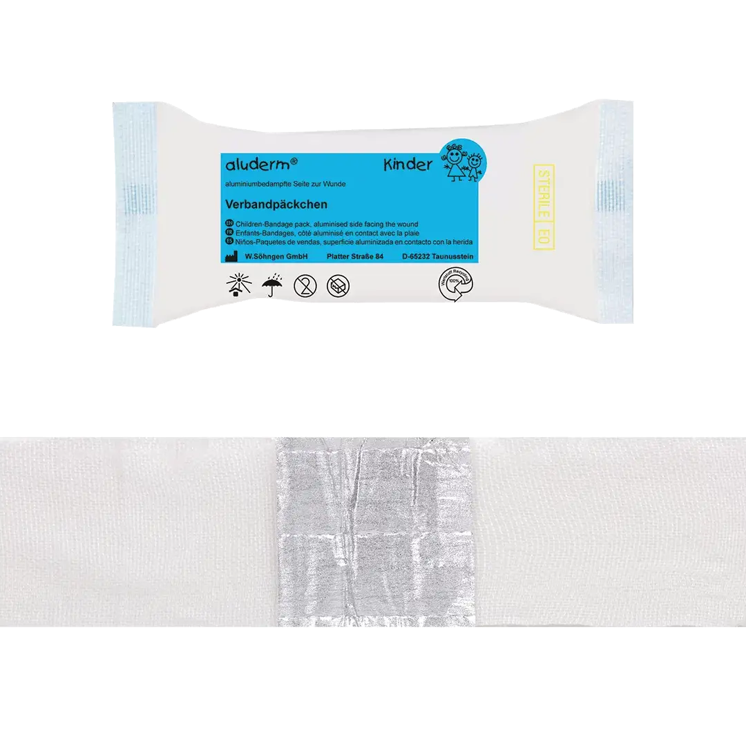 Steriles aluderm® Kinder Verbandpäckchen für Erste Hilfe, speziell für empfindliche Kinderhaut bei kleinen Wunden entwickelt.
