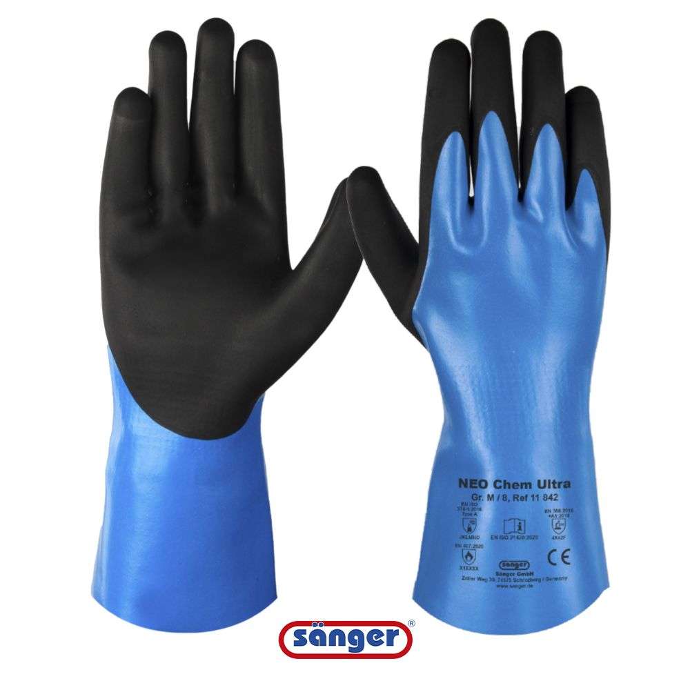 NEO Chem Ultra Chemikalien- und Schnittschutzhandschuh in Blau-Schwarz mit Magic-Grip-Beschichtung, ideal für industrielle Sicherheit bei Medasi.shop.