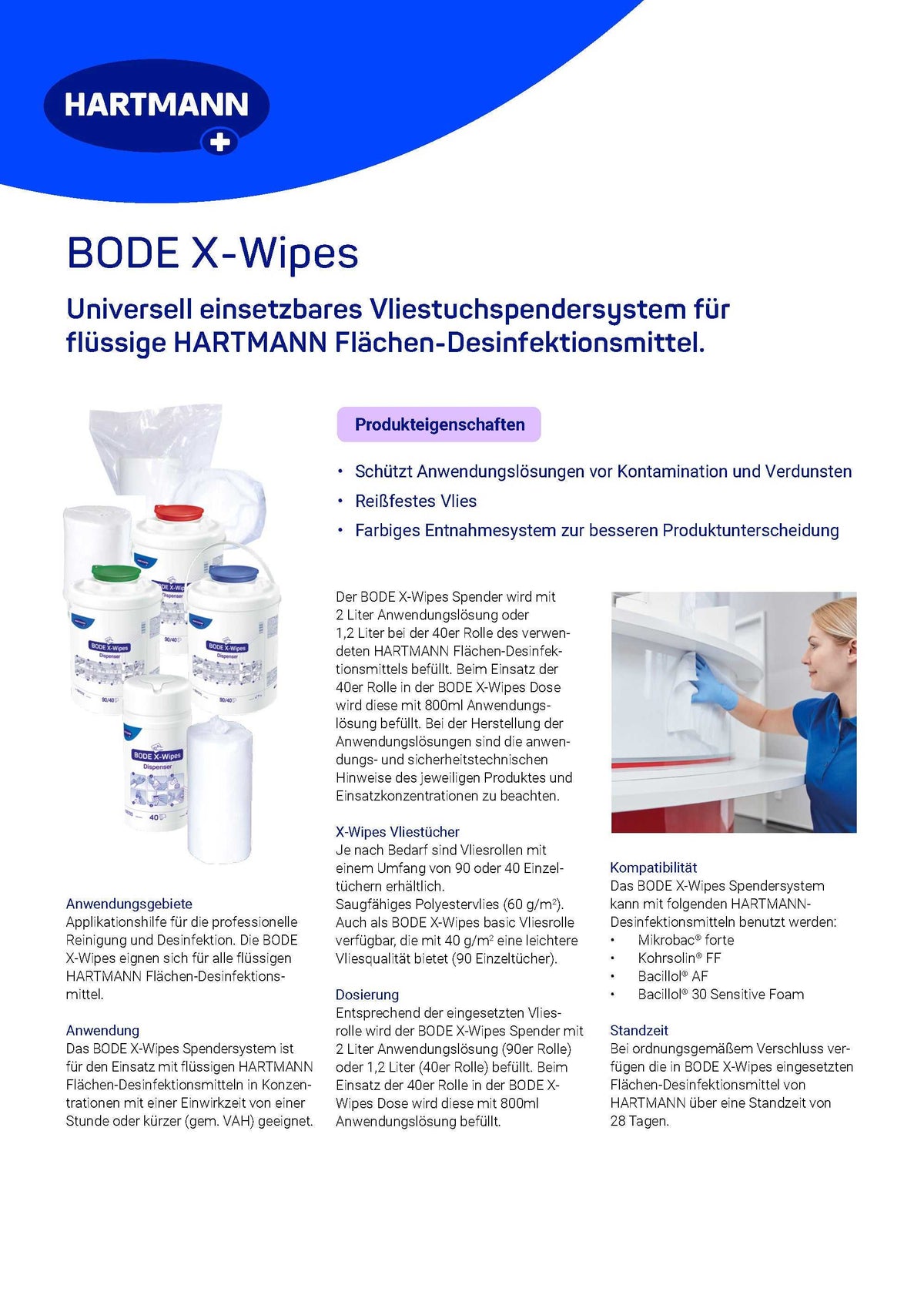 Produktdatenblatt BODE X-Wipes Spender – Übersicht zu Eigenschaften, Anwendung und Vorteilen des Vliestuchsystems für Desinfektionsmittel.