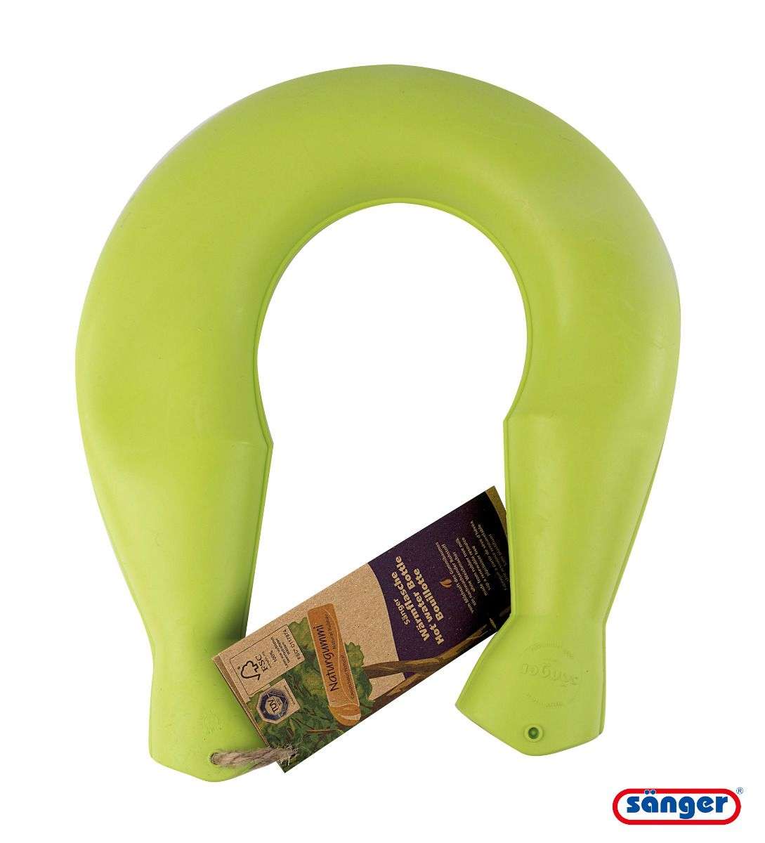Grüne Nackenwärmflasche FSC - Naturgummi Wärmflasche in Hufeisenform, ideal für gezielte Nackenwärme, TÜV-geprüft und hautfreundlich.
