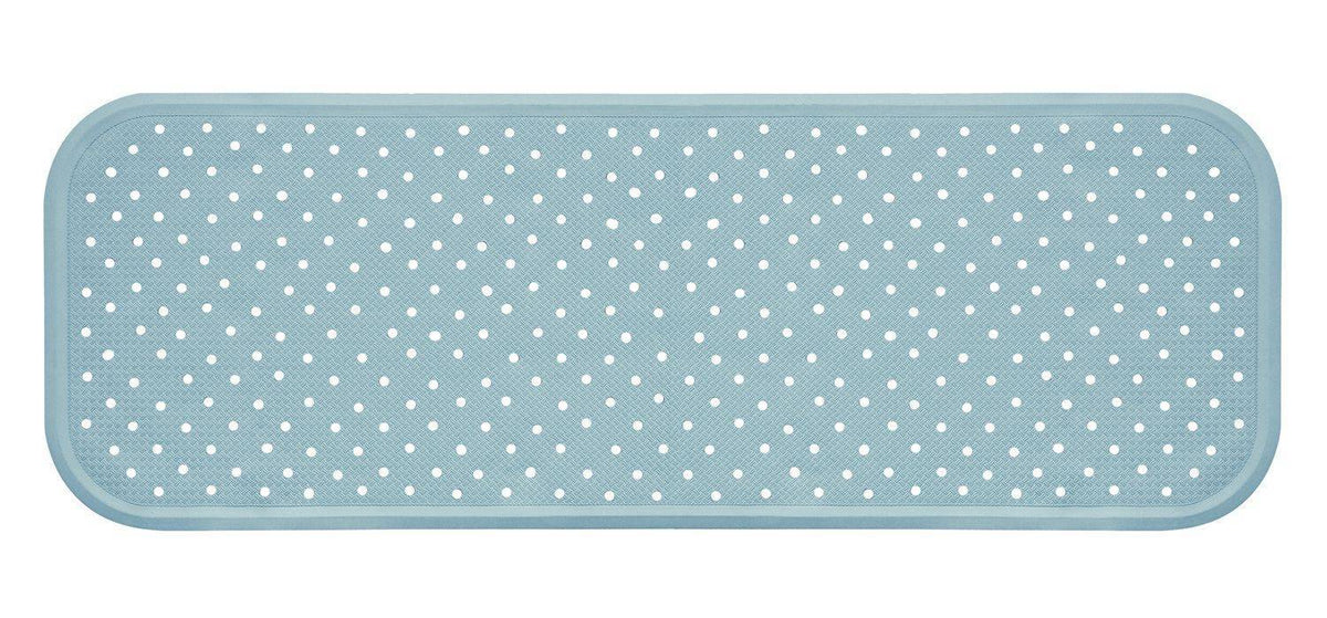 Hellblaue Badewannenmatte aus Naturkautschuk 96x34cm mit rutschfester Oberfläche und Saugnäpfen für mehr Sicherheit in Bad und Dusche.
