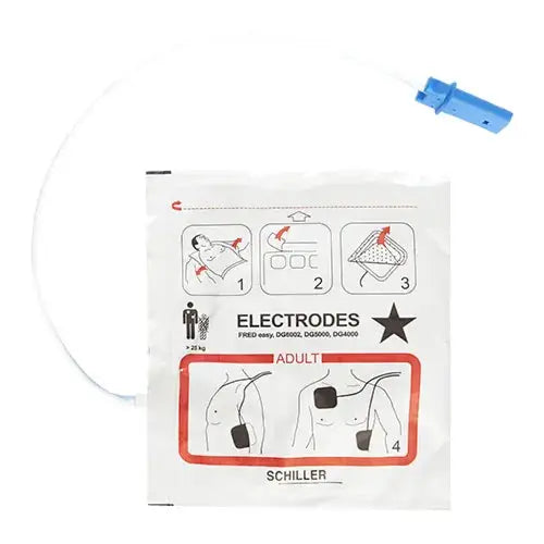 Schiller FRED easy Elektroden für Erwachsene zur Anwendung bei AEDs, mit Anleitung zur Platzierung auf dem Oberkörper. Ideal für Notfallmedizin.