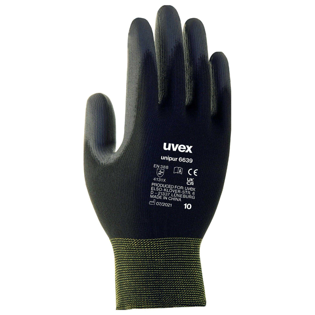 Schwarzer uvex unipur 6639 Schutzhandschuh mit gelbem Bündchen, geeignet für präzises Arbeiten dank exzellenter Griffigkeit und Flexibilität.