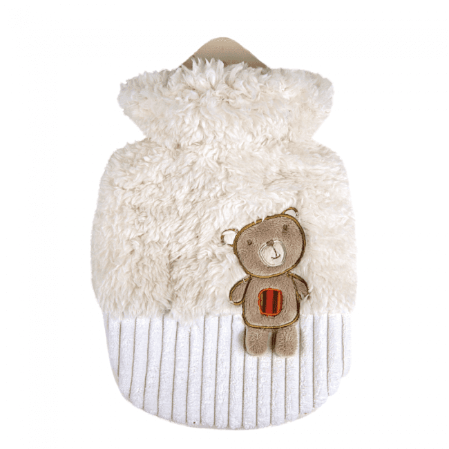 Wärmflasche mit Flauschbezug - Wärmflasche 0,8 L mit Gummi in Creme mit Teddybär-Applikation. Ideal für Kinder und kalte Wintertage.