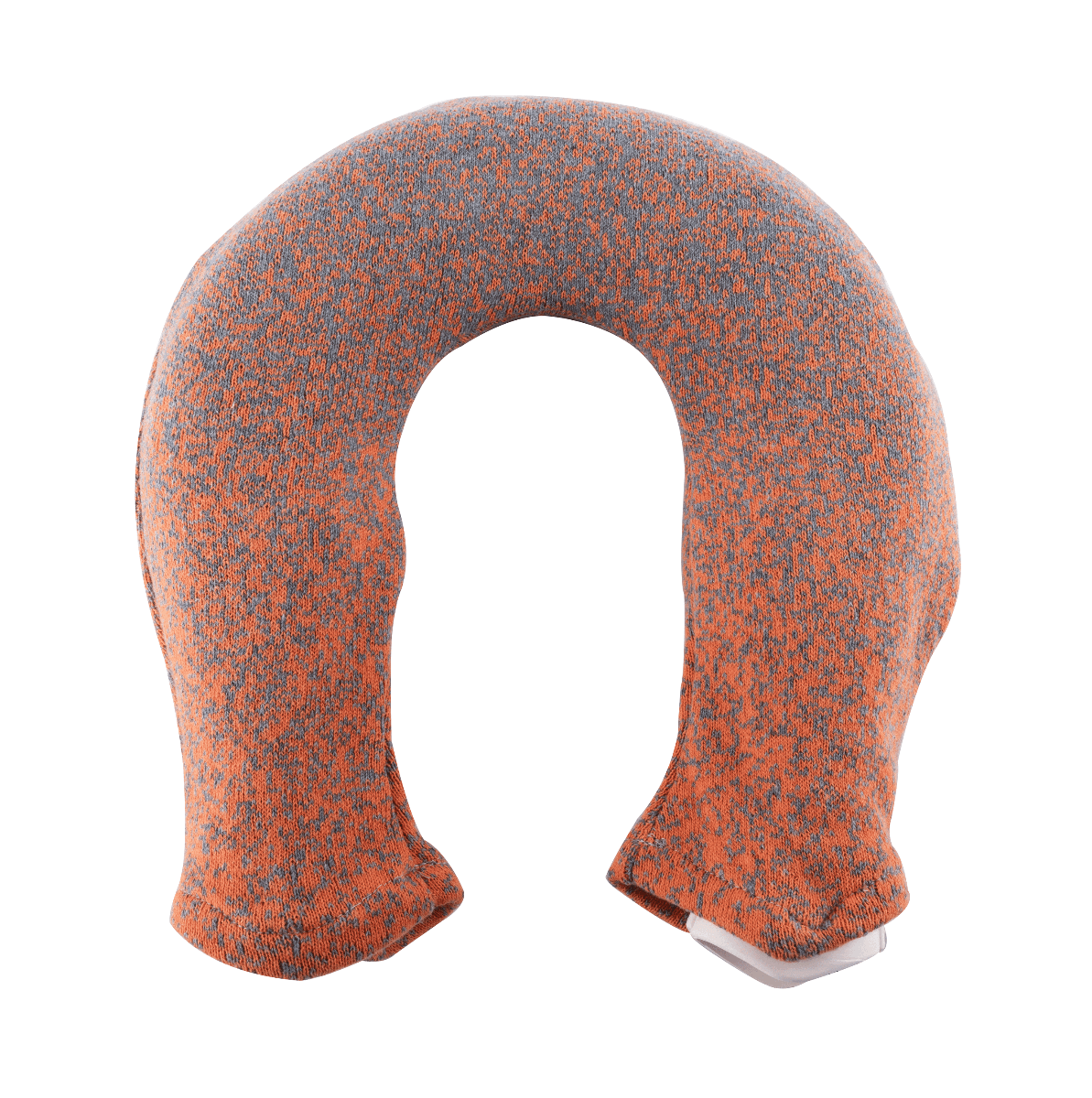 Graue und orange Nackenwärmflasche mit gestricktem Bezug, ergonomisch geformt für gezielte Wärme im Nacken. Jetzt günstig erhältlich.