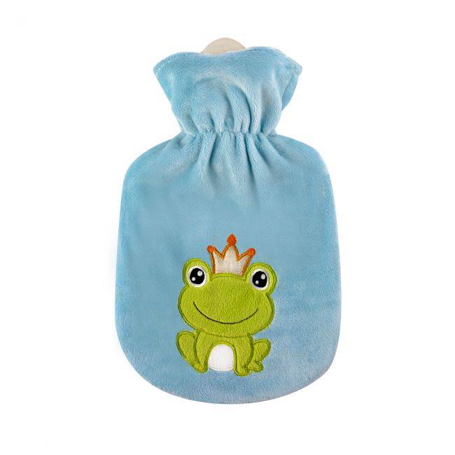 Wärmflasche mit Flauschbezug - Wärmflasche 0,8 L mit Gummi in Blau mit Frosch mit Krone. Ideal für Kinder und wohltuende Wärme.