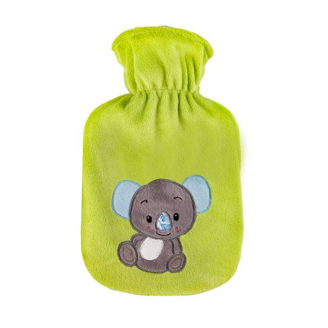 Wärmflasche mit Flauschbezug - Wärmflasche 0,8 L mit Gummi in Grün mit Koala-Applikation. Kinderfreundliches Design für kalte Tage.