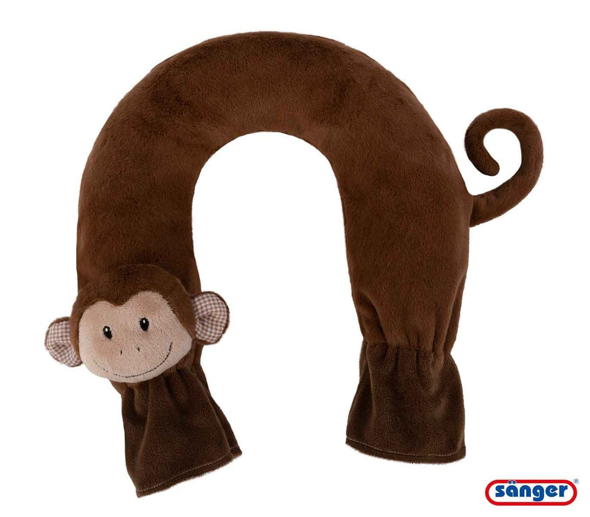 Braune Nackenwärmflasche mit Strickbezug in Affenform von Sänger, perfekt für Kinder und Erwachsene zur Linderung von Nackenschmerzen.