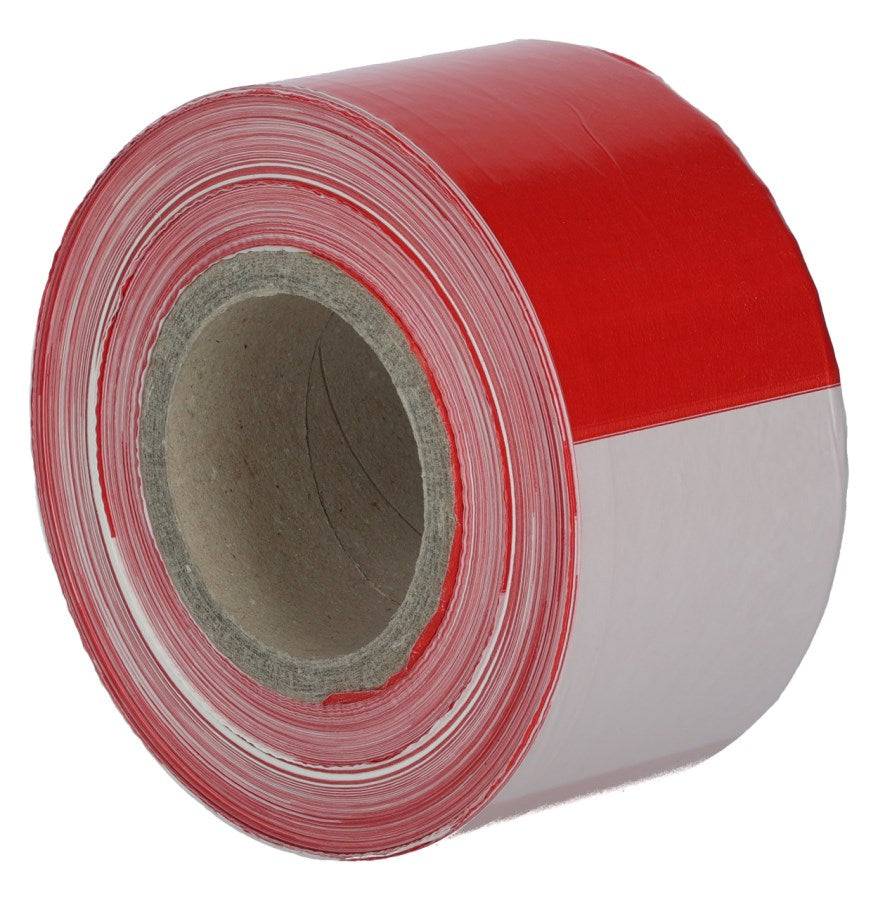 Rolle Absperrband rot weiß mit hoher Reißfestigkeit, geeignet für Absperrmaterial im Außenbereich, 100 bis 500 Meter Länge verfügbar.
