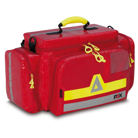 Einsatzleitertasche PAX in leuchtendem Rot mit reflektierenden Streifen für schnelle Erkennbarkeit im Einsatz, ideal für Notfallorganisation.