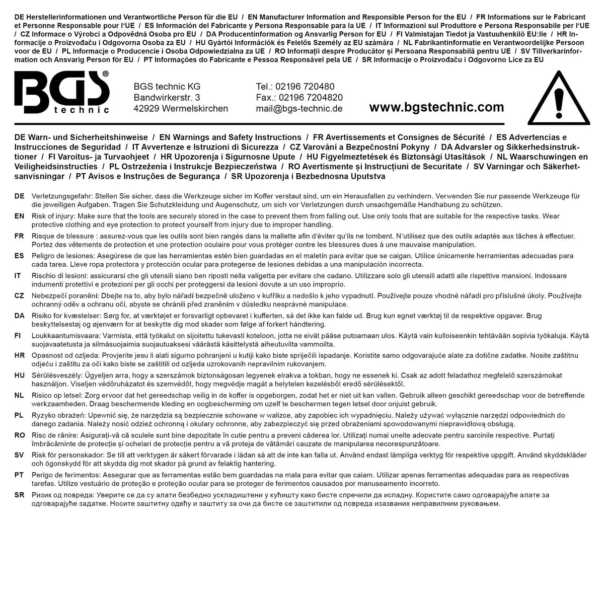 Rückseite der Verpackung des Werkzeugkoffers BGS 58-tlg. mit Herstellerinformationen, Sicherheitshinweisen und mehrsprachigen Angaben.